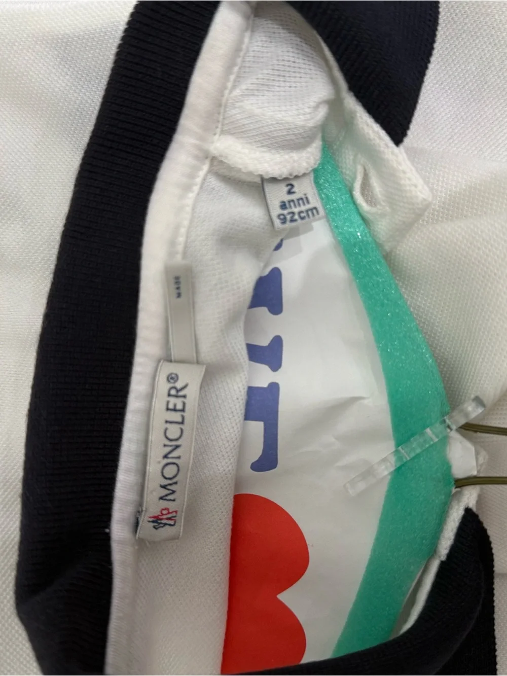 Moncler Kids White Polo with Navy Collar and Tricolor Shoulder Stripes